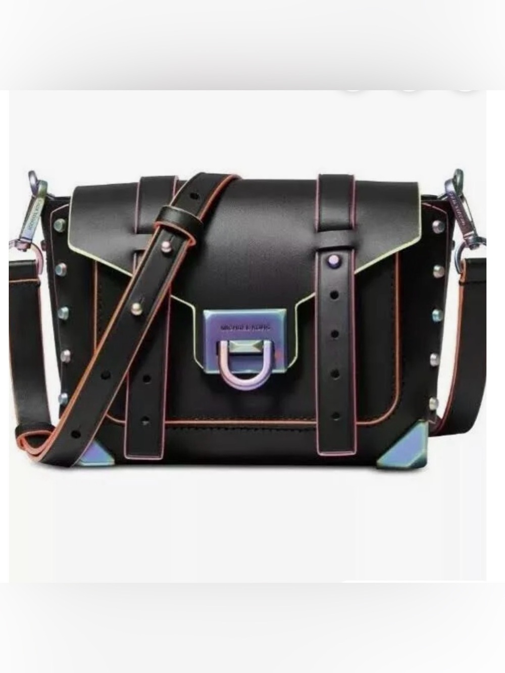 Michael Kors Manhattan Medium Satchel Black Neon Trim Leather Crossbody